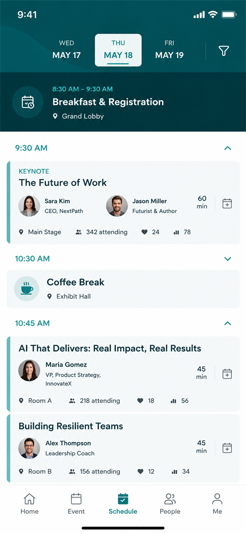 Confrenzy mobile app schedule screen with personalized session bookmarks